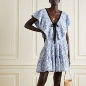 LUG VON SIGA Cora Bow Tiered  Linen Mini Dress white blue size French  36 /4 -6
